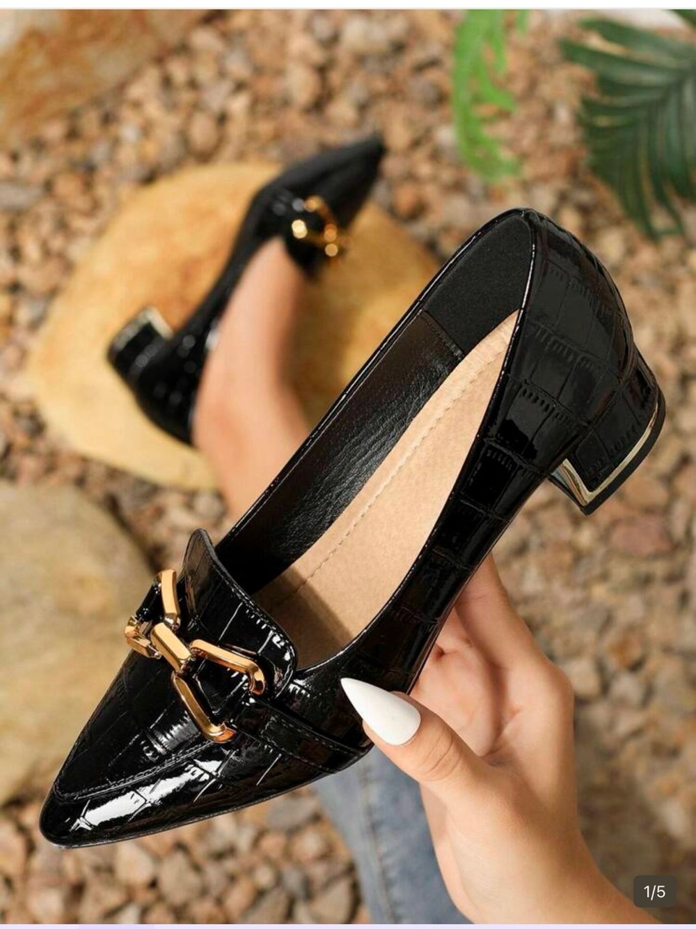 Women’s Black Patent Croc-Texture Loafers with Gold Accent